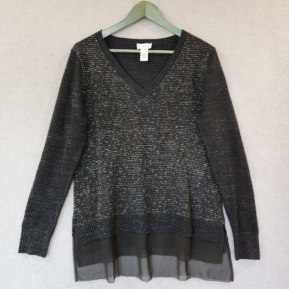 Soft‎ Surroundings Tunic Top Womens L Black Silver Threads Sheer Hem L/S